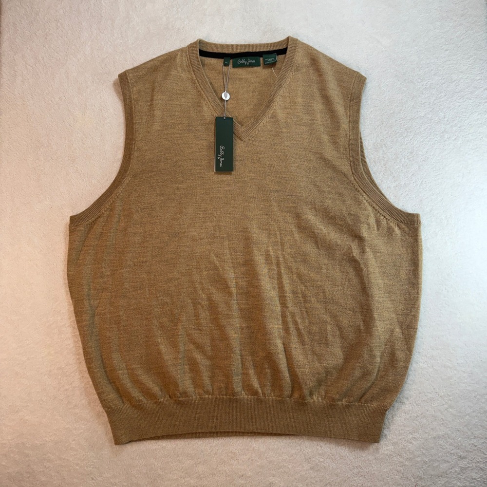 Bobby Jones Mens XL Merino Wool Golf Sweater Vest Tan V-Neck NWT Luxury